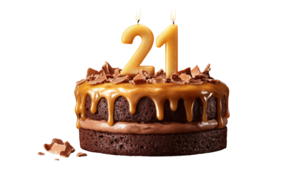 Delicious 21st birthday cake with chocolate drizzle transparent background sweet treats celebratory environment festive viewpoint