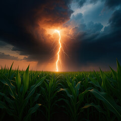 Dramatic lightning strike illuminates stormy sky over lush cornfield, creating striking contrast between nature power and agricultural beauty
