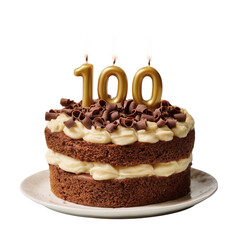 Delicious chocolate cake celebration with 100 candles on transparent background festive dessert sweet treat