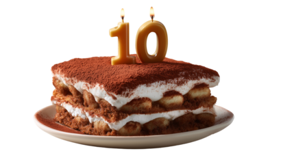 Delicious tiramisu cake with 10th birthday candles transparent background sweet dessert studio setting close-up view