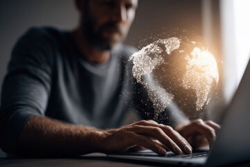 Software engineer using laptop computer with global network connection, technology, innovation.