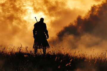 Silhouette of a warlord standing atop a battlefield