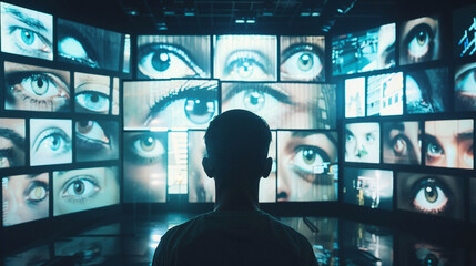 Person surrounded by multiple screens displaying human eyes creating immersive surveillance atmosphere highlighting privacy concerns and digital monitoring concepts