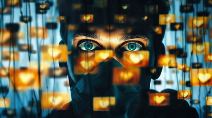 Person's intense eyes visible through smartphone screen reflecting social media addiction and obsessive digital engagement behavior in modern society