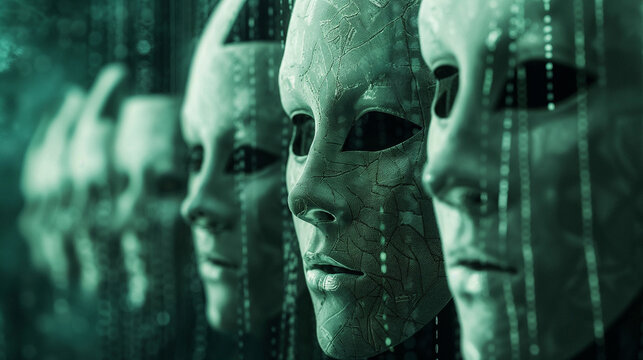 Anonymous masked figures of people with cracked white masks emerges from dark digital matrix background representing online anonymity and internet security threats in the dark and deep web