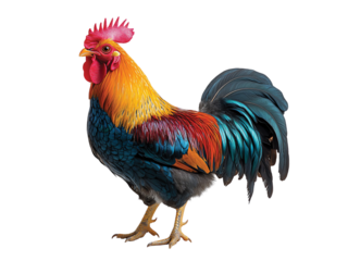 Back of colorful free range male rooster isolated on transparent or white background, clipping path ,png 
