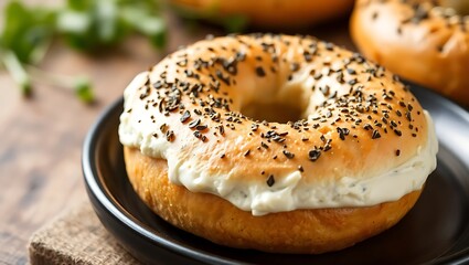 Bagel with cream cheese, herbs sprinkled &mdash; close-up view