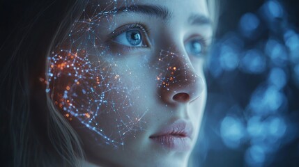 Woman's face with digital network overlay
