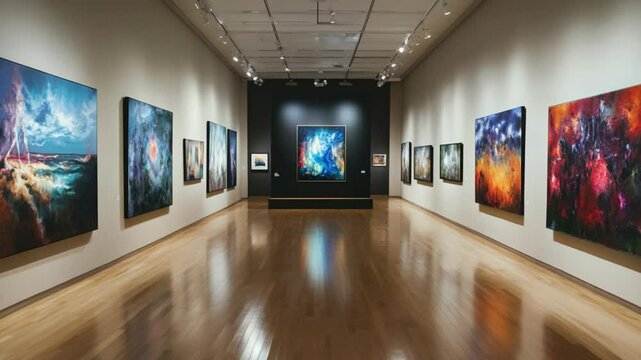 contemporary art gallery background fool of painting and sculpture in room 