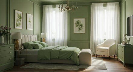 Elegant green-toned bedroom with a bed, chair, dresser, and floral artwork with chandelier