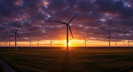 Obraz premium A breathtaking sunset bathes a field of wind turbines in a warm, golden light.
