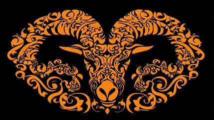 Fototapeta premium Ornate, stylized ram's head design on a black background.