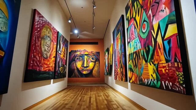 contemporary art gallery background fool of painting and sculpture in room 