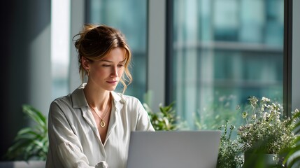 Confident Woman Working Remotely on Laptop in Bright Office