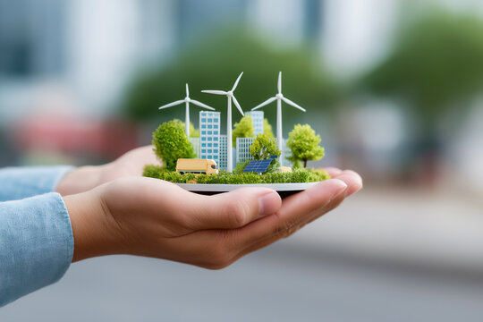 Caucasian man's hands holding small model sustainable city with wind turbines, solar panels and trees, alternative energy concept