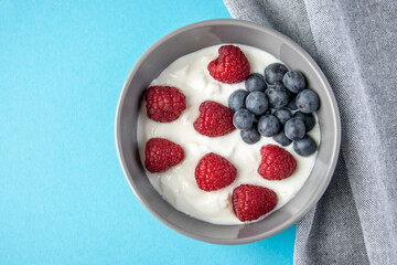 Gray bowl and natural yogurt with red berries on the blue background.