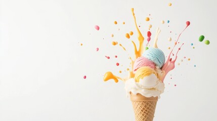 Vibrant Ice Cream Delight, a colorful cone overflowing with creamy scoops, textures and hues pop against a clean white backdrop.