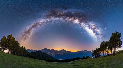 Fototapeta premium Milky Way Over Pine Forest, breathtaking view of the galaxy amidst towering pines, distant city glow subtly illuminating the horizon