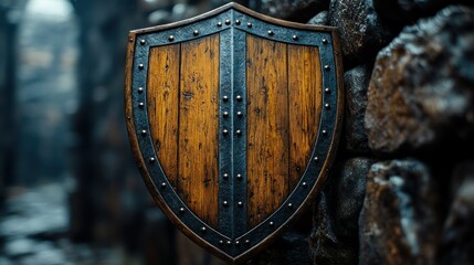 Wooden shield against stone wall