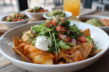 Delicious and Flavorful Plate of Nachos Topped with Fresh Ingredients, Melted Cheese, Sour Cream, and Colorful Salsa Perfect for Sharing or Enjoying Alone
