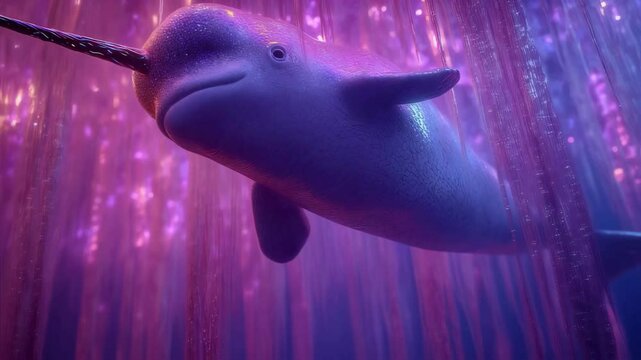 Enchanting Narwhal in a Purple, Glittering Underwater World