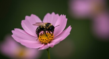 A bee diligently gathers pollen from a delicate pink flower, its fuzzy body dusted with golden grains