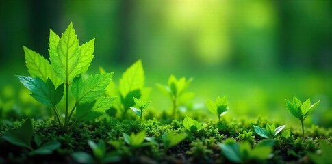 Fototapeta premium Vibrant green leaves and stems of various land plants thriving in a lush, natural environment Perfect for nature, botany, and ecology projects , sunlight, growth, jungle