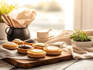 A vibrant assortment of egg tarts showcasing diverse fillings like custard, matcha, and chocolate on a rustic wooden table.