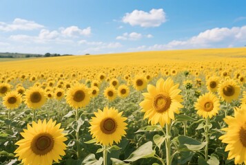 A vibrant field of sunflowers stretches under a clear blue sky with fluffy white clouds, evoking a sense of expansive summer.