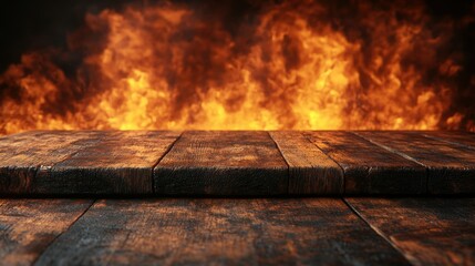 Wooden table in front of a fire