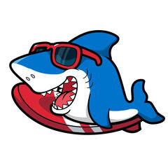 Smiling Shark Mascot Riding Waves