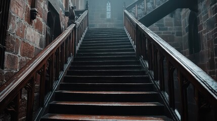 Obraz premium A grand, old stone staircase with wooden railings leads up to a misty, gothic window in a historic building.