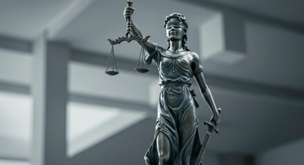 Fototapeta premium Statue of Lady Justice, blindfolded with scales and sword. Gray scale depiction of justice
