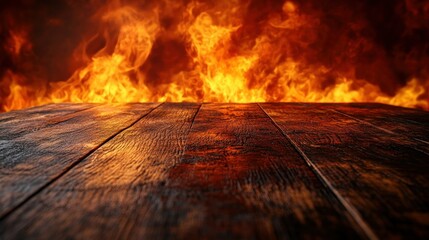 Wooden table with fire backdrop