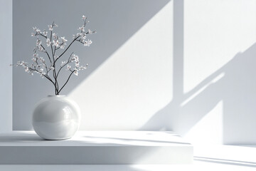 Vase on white podium in bright open interior space