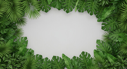 Lush green tropical leaves framing a white background offering space for text or graphic elements
