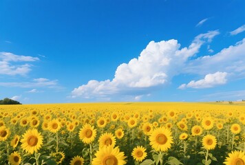 Fototapeta premium A breathtaking wide shot of a vibrant sunflower field under a brilliant blue sky with scattered white clouds, evoking a feeling of summer and joy.