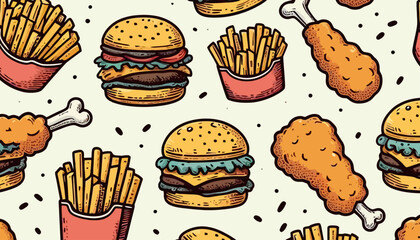 seamless vector pattern of burgers, fries and drumsticks, fast food doodle art pattern