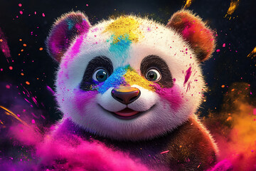 Colorful panda with vibrant paint splashes, showcasing joy and creativity in a playful atmosphere