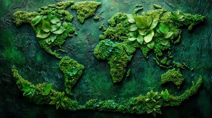 World map adorned with moss and leaves