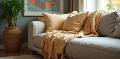 Cozy living room scene featuring a plush throw blanket draped over a comfortable sofa, adding warmth and style to the space Perfect gift for housewarming or any occasion , textiles, neutral tones