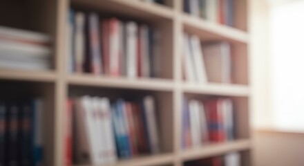 Bookshelves filled with various books, viewed in soft focus. Sunlight streams in from a window