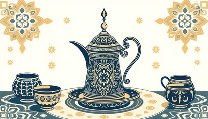 Ornamental coffee set vector illustration with arabesque floral elements