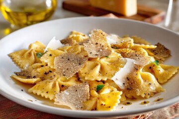 Fresh Handmade Farfalle Pasta Dressed with Extra Virgin Olive Oil, Shaved Truffles, Parmesan Cheese, and Cracked Black Pepper on a Rustic Table Setting
