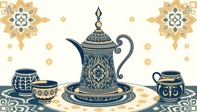 Ornamental coffee set vector illustration with arabesque floral elements
