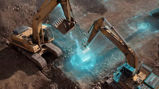 Autonomous excavators, guided by artificial intelligence, collaborate on a mining operation, demonstrating advanced automation in the extraction industry