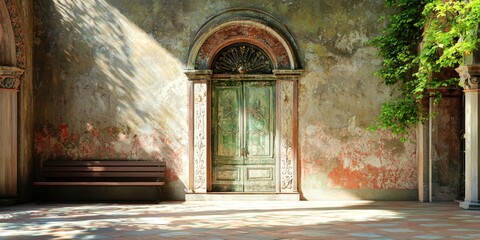 Ornate vintage door with arched top, weathered wall, and a wooden bench bathed in sunlight and shadows from nearby greenery.