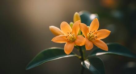 Fototapeta premium Two vibrant orange blossoms bathed in warm sunlight, their delicate petals unfurling against a backdrop of deep green foliage
