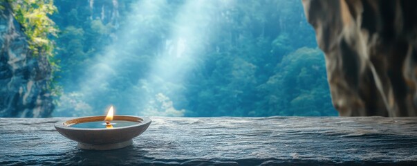 A small oil lamp burns on a stone ledge, with serene sunlight streaming into a cave overlooking a lush green forest.