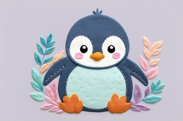 Cute penguin character surrounded by colorful leaves in a playful design for children's decor